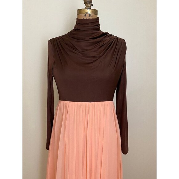 Vtg 2 Piece Long Formal Dress and Bolero Jacket Set, Brown and Peach Chiffon - Picture 4 of 10